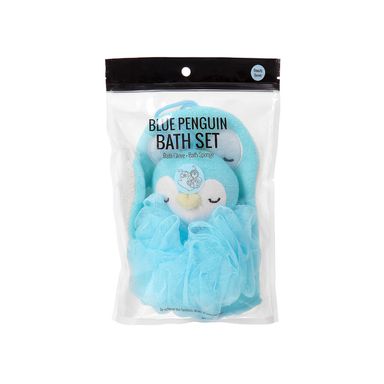 Set de esponja redonda y guante de baño de pingüino azul 2pzas - Miniso
