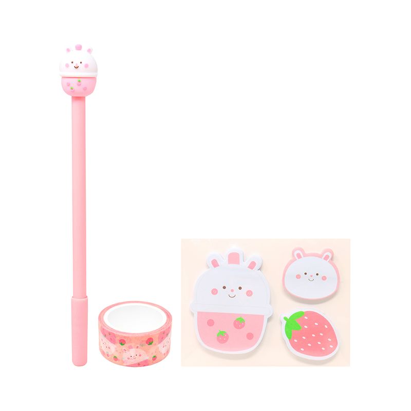 Kit-de-escritura-sorpresa-milk-tea-series-lapicero-adhesivos-y-post-its-de-conejo-Miniso-1-7524