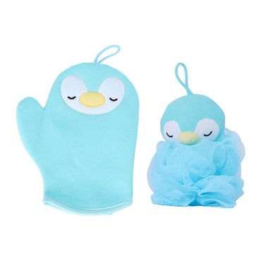 Set de esponja redonda y guante de baño de pingüino azul 2pzas - Miniso