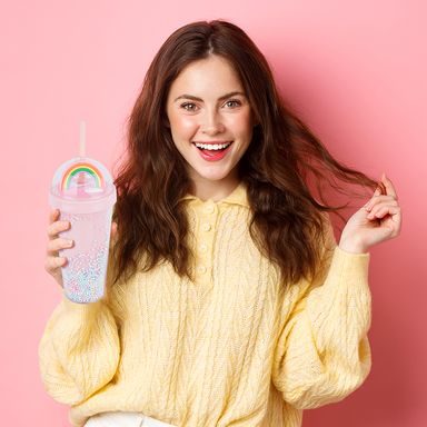 Tomatodo de plástico de doble pared con sorbete de macaron rosa 420 ml -  Miniso