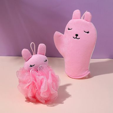 Set de esponja redonda y guante de baño de conejo rosa 2pzas - Miniso