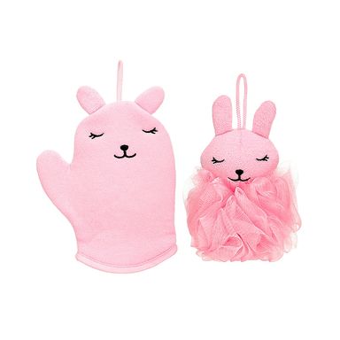 Set de esponja redonda y guante de baño de conejo rosa 2pzas - Miniso