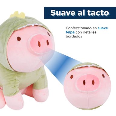 Peluche de cerdito sentado con capucha de dinosaurio verde - Miniso