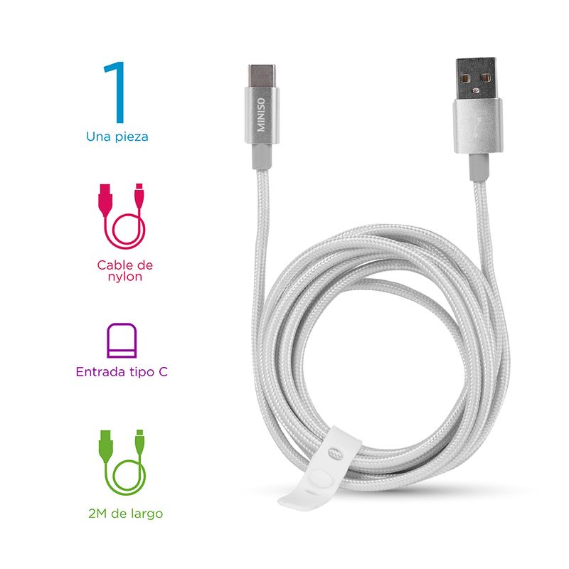 Cable-de-datos-tipo-c-trenzado-carcasa-de-aluminio-2m-3a-plateado-Miniso-3-3557