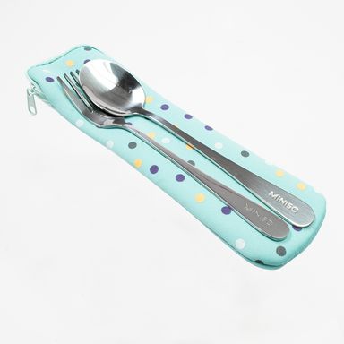 Set de cuchara y tenedor con estuche de tela azul 20.5cm 3pzas - Miniso