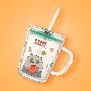 Vaso de vidrio los osos escandalosos colección 5.0 con sorbete 400ml panda 56x46cm -  We Bare Bears