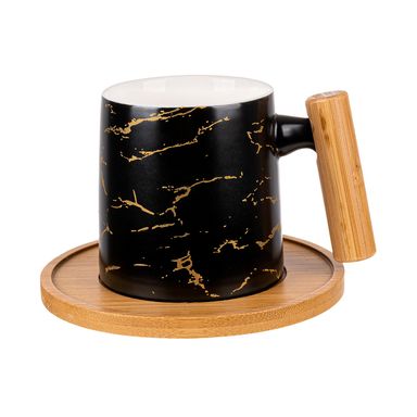 Taza de cerámica con patrón de mármol con asa de bambú y posavasos 235 ml negro -  Miniso