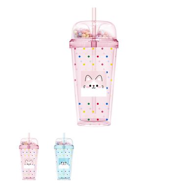 Vaso de plástico colección animal faces de doble pared con sorbete 480 ml colores mixtos -  Miniso