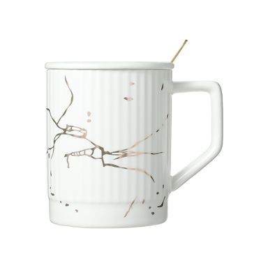 Taza de cerámica con tapa y cuchara 380 ml blanco -  Miniso