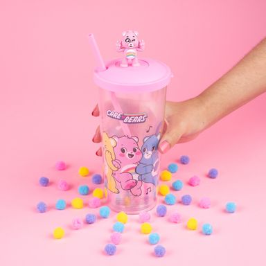 Tomatodo de plástico de la colección care bears 550 ml rosa con sorbete y oso de plástico arriba de tapa -  Care Bears