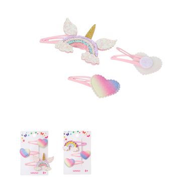 Set de broches infantiles para cabello miniso corazones y arcoíris 3 pzas -  Miniso