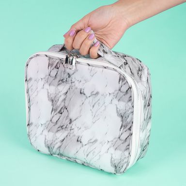 Cosmetiquera grande con asa serie black & white marmoleado blanco -  Miniso