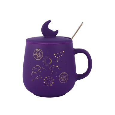 Taza de cerámica con tapa y cuchara serie moon star 435 ml púrpura -  Moon Star