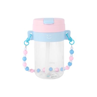 Tomatodo de plástico con tapa abatible y correa con cuentas 500 ml rosa -  Miniso
