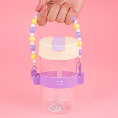 Tomatodo de plástico con tapa abatible y correa con cuentas 500 ml amarillo -  Miniso