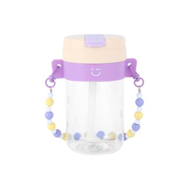 Vaso de plástico con tapa abatible y correa con cuentas 500 ml amarillo -  Miniso