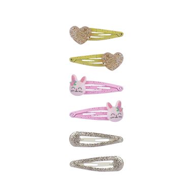 Set de broches infantiles para el cabello corazones y conejitos con glitter 6 pzas -  Miniso