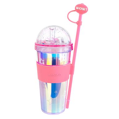 Vaso de plástico de doble pared serie holográfica con sorbete 420 ml rosa -  Miniso