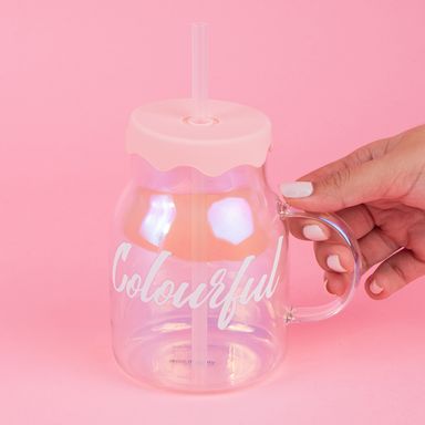 Taza de vidrio serie holográfica con tapa y sorbete 520 ml -  Miniso