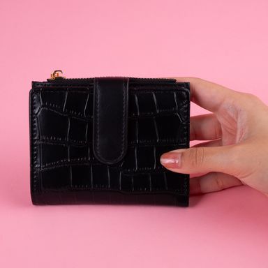 Cartera de moda corta para mujer tipo piel de cocodrilo negro -  Miniso