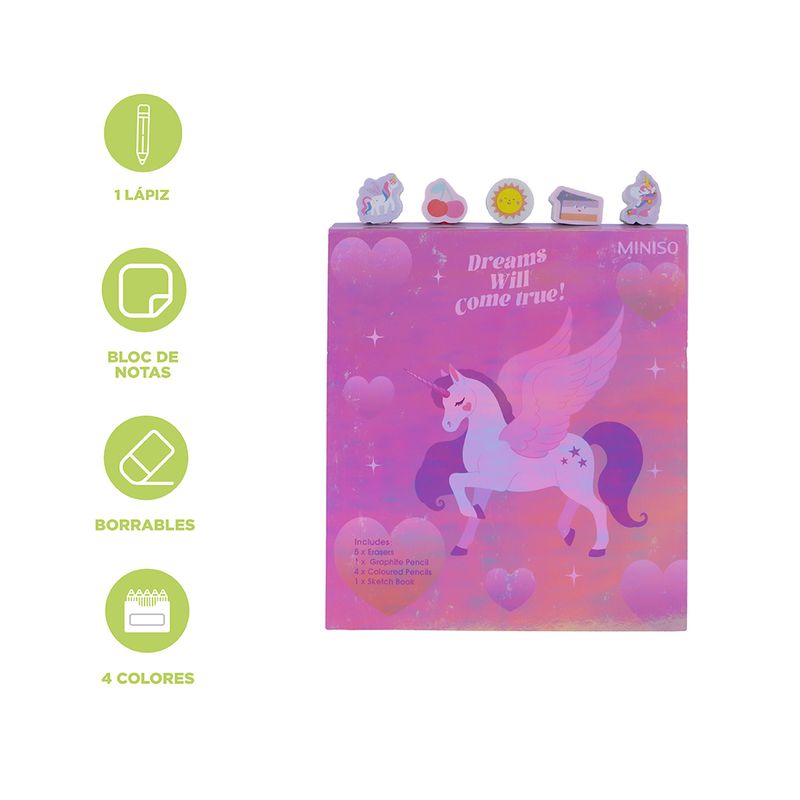 Set-5-lapices-bloc-de-notas-de-50-hojas-pdq-serie-fantasy-unicorn-Miniso-3-22566