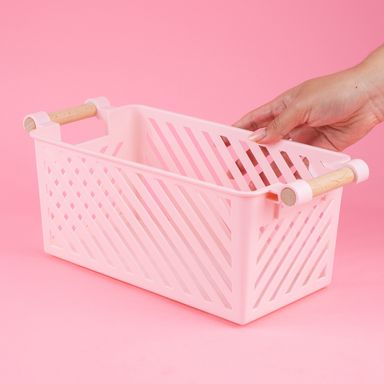 Organizador de plástico apilable mori girl con mango de madera l rosa -  Miniso