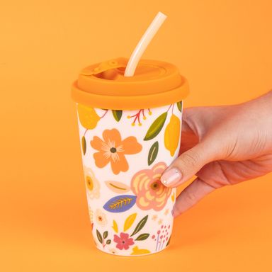 Vaso de cerámica con tapa y sorbete 400 ml flores -  Miniso