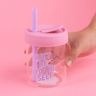 Vaso de vidrio alto con tapa de silicona 350 ml rosa -  Miniso