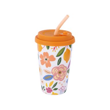 Vaso de cerámica con tapa y sorbete 400 ml flores -  Miniso