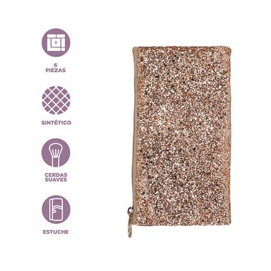 Brochas de maquillaje con bolsa con cremallera 6 piezas doradas -  Miniso