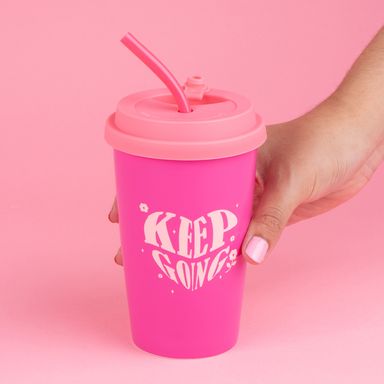 Vaso de cerámica con tapa y sorbete 400ml rosa -  Miniso
