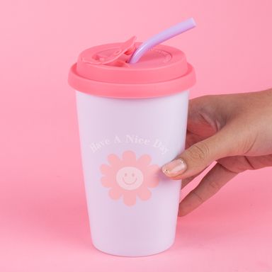 Vaso de cerámica con tapa y sorbete 400 ml flor lila -  Miniso