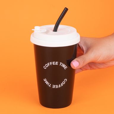 Vaso de cerámica con tapa y sorbete 400ml coffee time negra -  Miniso