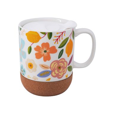 Taza de cerámica serie flower con tapa y fondo de corcho 300 ml -  Miniso