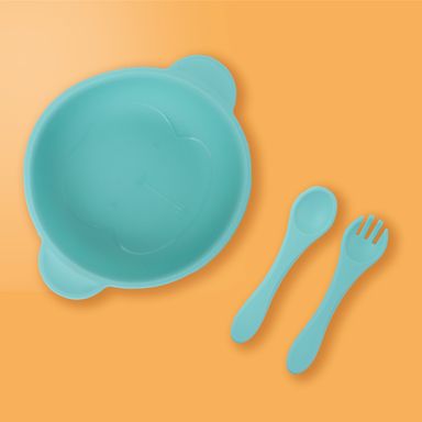 Tazón de silicona de color solido con cuchara y folk verde -  Miniso