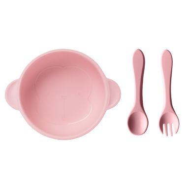 Tazón de silicona de color solido con cuchara y folk rosa -  Miniso