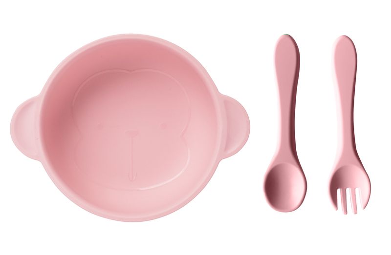 Taz-n-de-silicona-de-color-solido-con-cuchara-y-folk-rosa-Miniso-1-25731