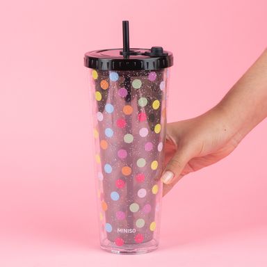 Tomatodo de plástico de doble pared con sorbete serie dots 720 ml color negro -  Miniso
