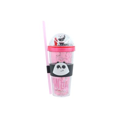 Tomatodo de plástico con diamantina sorbete y funda 420 ml panda serie wbb color rosa -  We Bare Bears
