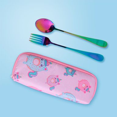 Juego de cubiertos tenedor y cuchara mis pastelitos con estuche de almacenamiento rosa -  Mis Pastelitos