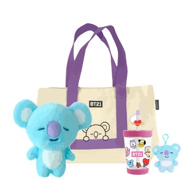 Pack Peluche Koya 18Cm X 13Cm X 16Cm + Bolso Con Cintas De Color Koya + Vaso De Plastico Portatil 535 Ml Rosa + Llavero Koya 12Cm - BT21