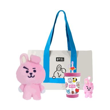 Pack Peluche Cooky 18Cm X 13Cm X 16Cm + Bolso De Compras Con Cintas De Color Cooky + Vaso De Plastico Portatil 535 Ml Rosa + Llavero Cooky 12Cm - BT21