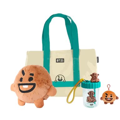Pack Peluche Shooky 18Cm X 13Cm X 16Cm + Bolso Con Cintas De Color Shooky + Vaso De Plastico Con Correa De 520 Ml Shooky + Llavero Shooky 12Cm - BT21