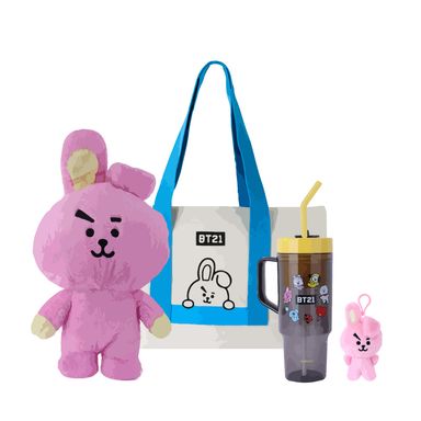 Pack Peluche Cooky 28Cm + Bolso De Compras Con Cintas De Color Cooky + Vaso De Plastico Con sorbete Bt21 1250 Ml Amarillo + Llavero Cooky 12Cm