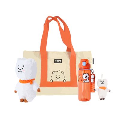 Pack Peluche Rj 28Cm + Bolso De Compras Cintas Color Morado Koya + Vaso De Plastico Portatil 535 Ml + Llavero Rj 12Cm - BT21