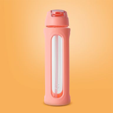 Tomatodo de vidrio con tapa abatible de color solido con pico y asa 580 ml naranja -  Miniso