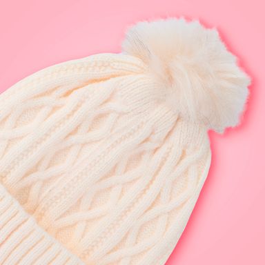Gorro tejido miniso trenzado con borla de peluche blanco -  Miniso