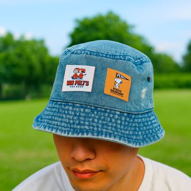 Sombrero de cubo colección snoopy serie denim parches verdes -  Snoopy