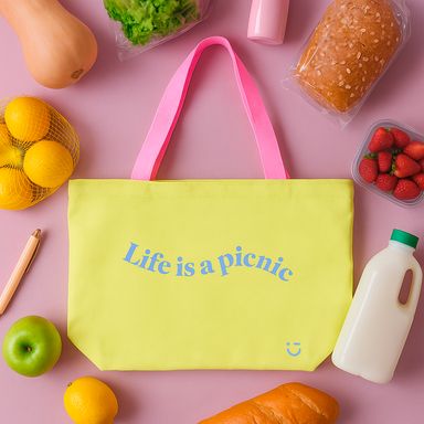 Bolsa de compras de tela life is a picnic amarillo -  Miniso