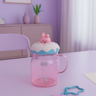 Taza de vidrio con tapa y decoración de bt21 baby cooky -  BT21 Baby